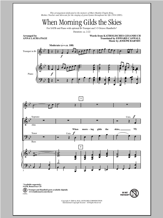 Download Joseph Barnby When Morning Gilds The Skies (arr. Anna Laura Page) Sheet Music and learn how to play SATB PDF digital score in minutes