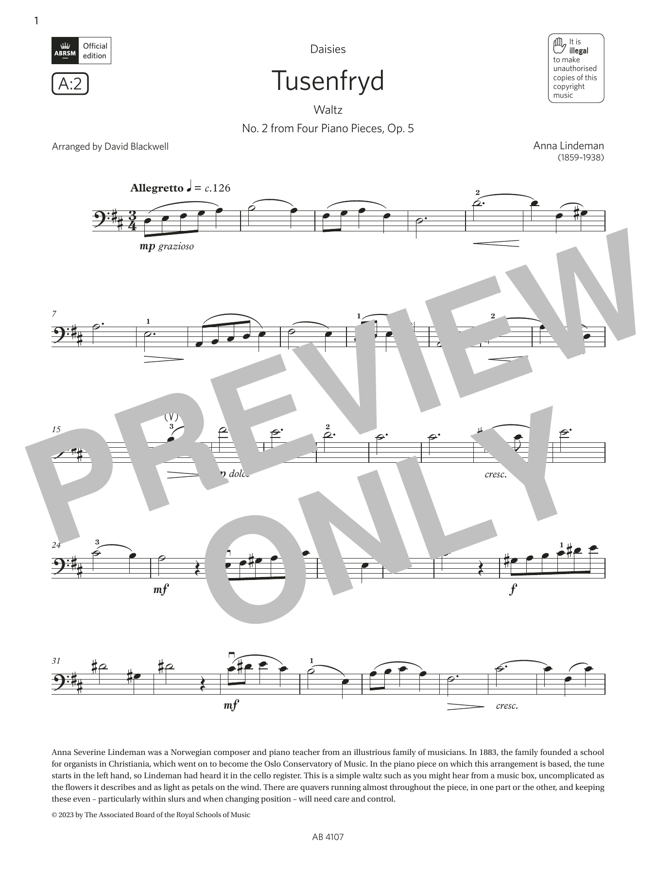 Download Anna Lindeman Tusenfryd (Grade 4, A2, from the ABRSM Cello Syllabus from 2024) Sheet Music and learn how to play Cello Solo PDF digital score in minutes