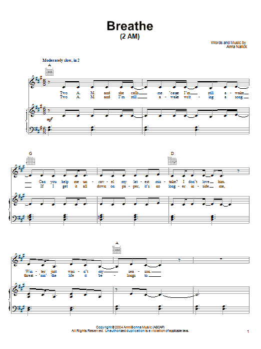 Download Anna Nalick Breathe (2 AM) Sheet Music and learn how to play Piano, Vocal & Guitar (Right-Hand Melody) PDF digital score in minutes