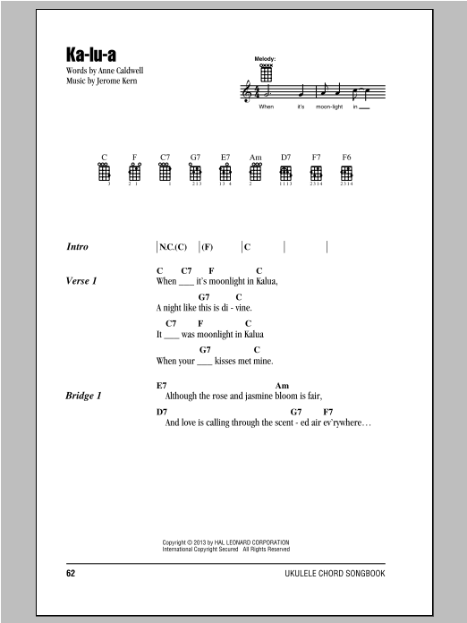 Download Jerome Kern Ka-lu-a Sheet Music and learn how to play Ukulele with strumming patterns PDF digital score in minutes