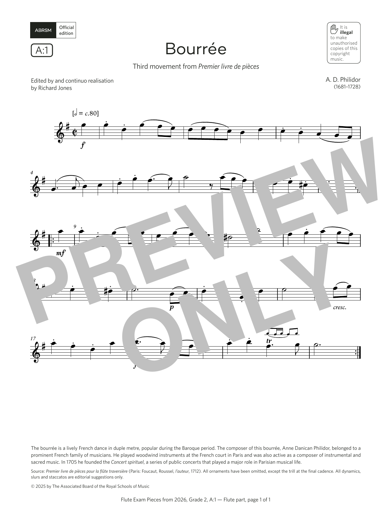 Download Anne Danican Philidor Bourrée (Grade 2, list A1, from the ABRSM Flute Syllabus from 2026) Sheet Music and learn how to play Flute Solo PDF digital score in minutes