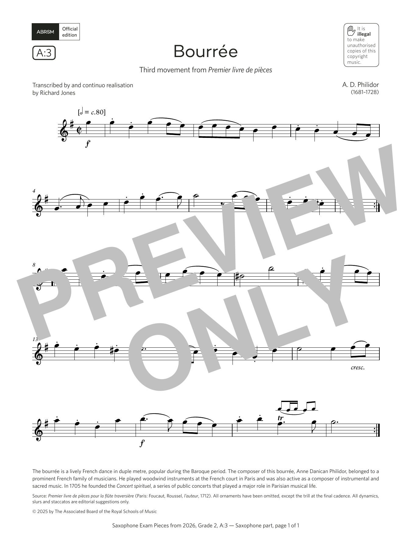 Download Anne Danican Philidor Bourrée (Grade 2, list A3, from the ABRSM Saxophone Syllabus from 2026) Sheet Music and learn how to play Alto Sax Solo PDF digital score in minutes
