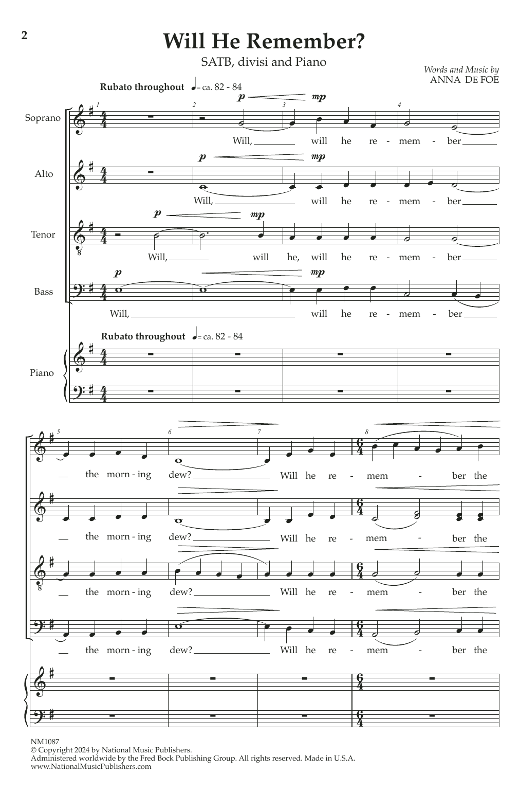 Download Anne De Foe Will He Remember Sheet Music and learn how to play SATB Choir PDF digital score in minutes