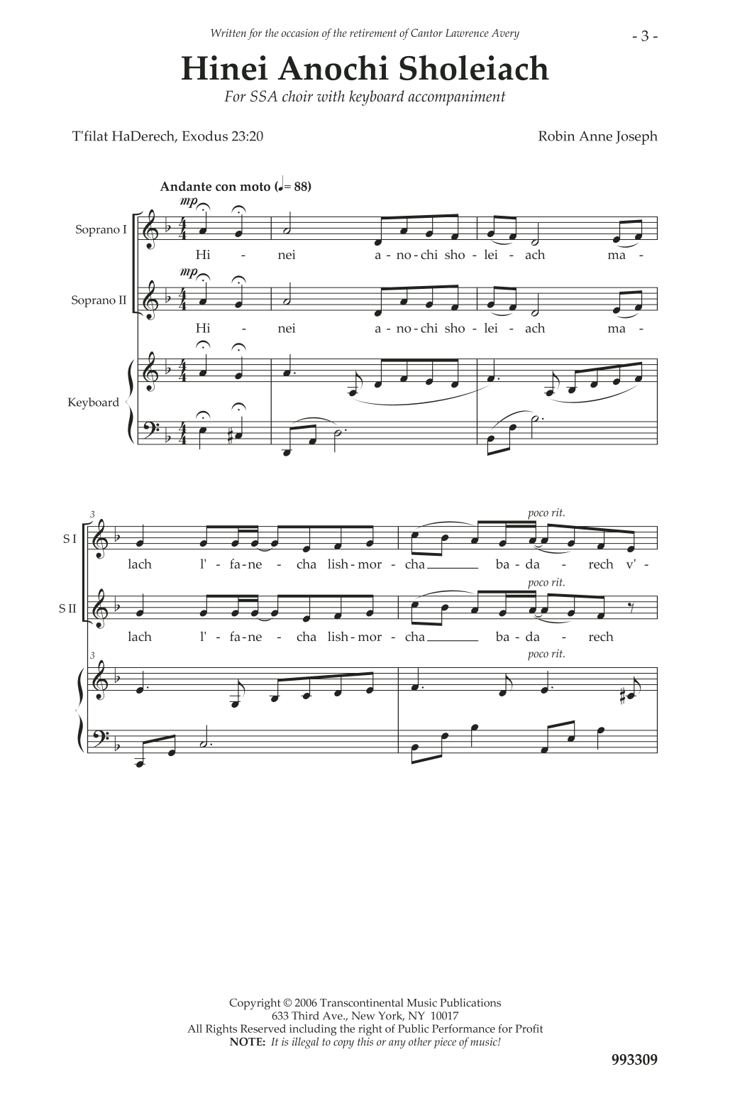 Download Anne Joseph Hinei Anochi Sholeiach Sheet Music and learn how to play SSA Choir PDF digital score in minutes