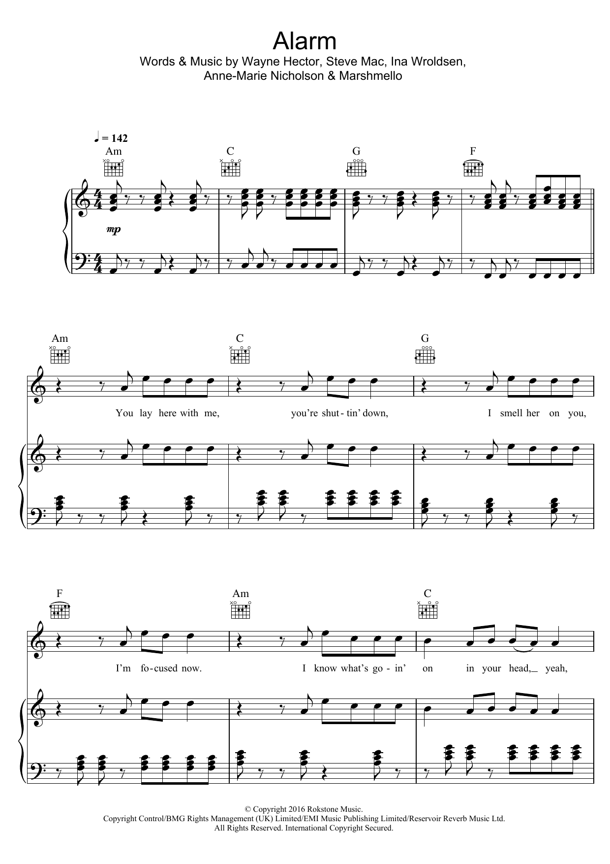 Download Anne-Marie Alarm Sheet Music and learn how to play Piano, Vocal & Guitar (Right-Hand Melody) PDF digital score in minutes