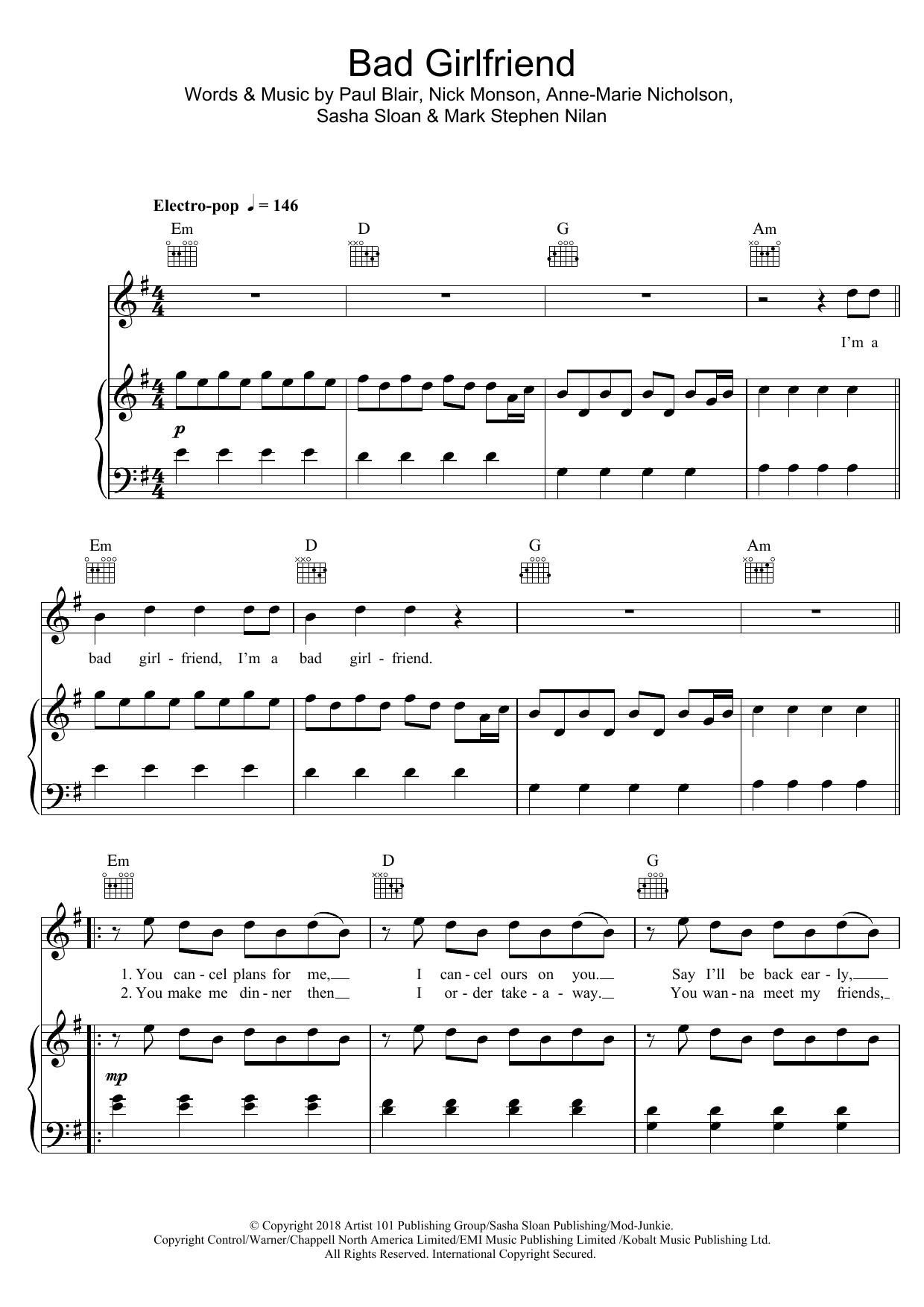 Download Anne-Marie Bad Girlfriend Sheet Music and learn how to play Piano, Vocal & Guitar PDF digital score in minutes