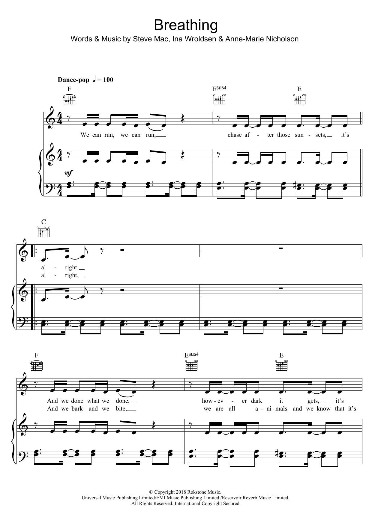 Download Anne-Marie Breathing Fire Sheet Music and learn how to play Piano, Vocal & Guitar PDF digital score in minutes