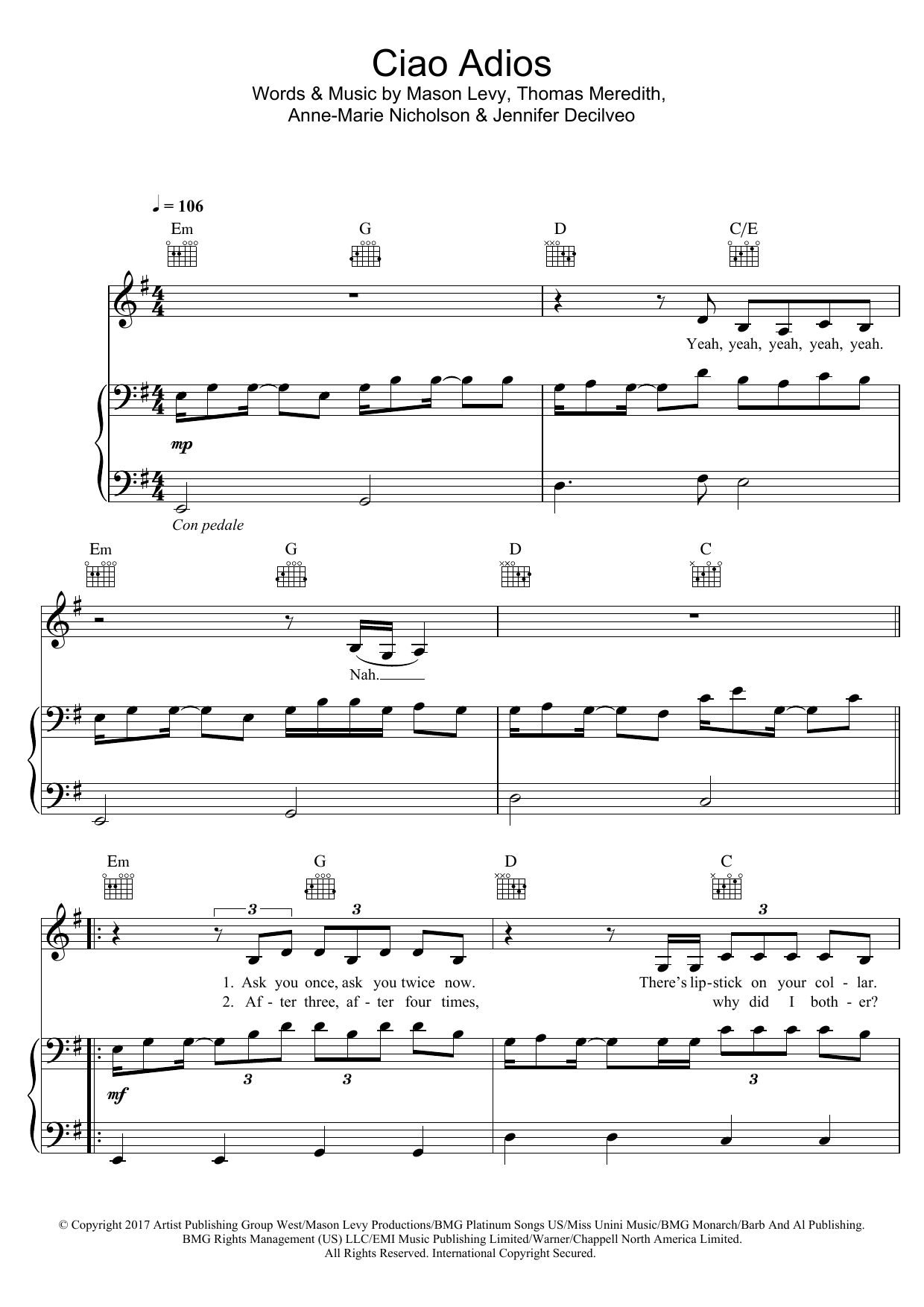 Download Anne-Marie Ciao Adios Sheet Music and learn how to play Piano, Vocal & Guitar Chords (Right-Hand Melody) PDF digital score in minutes
