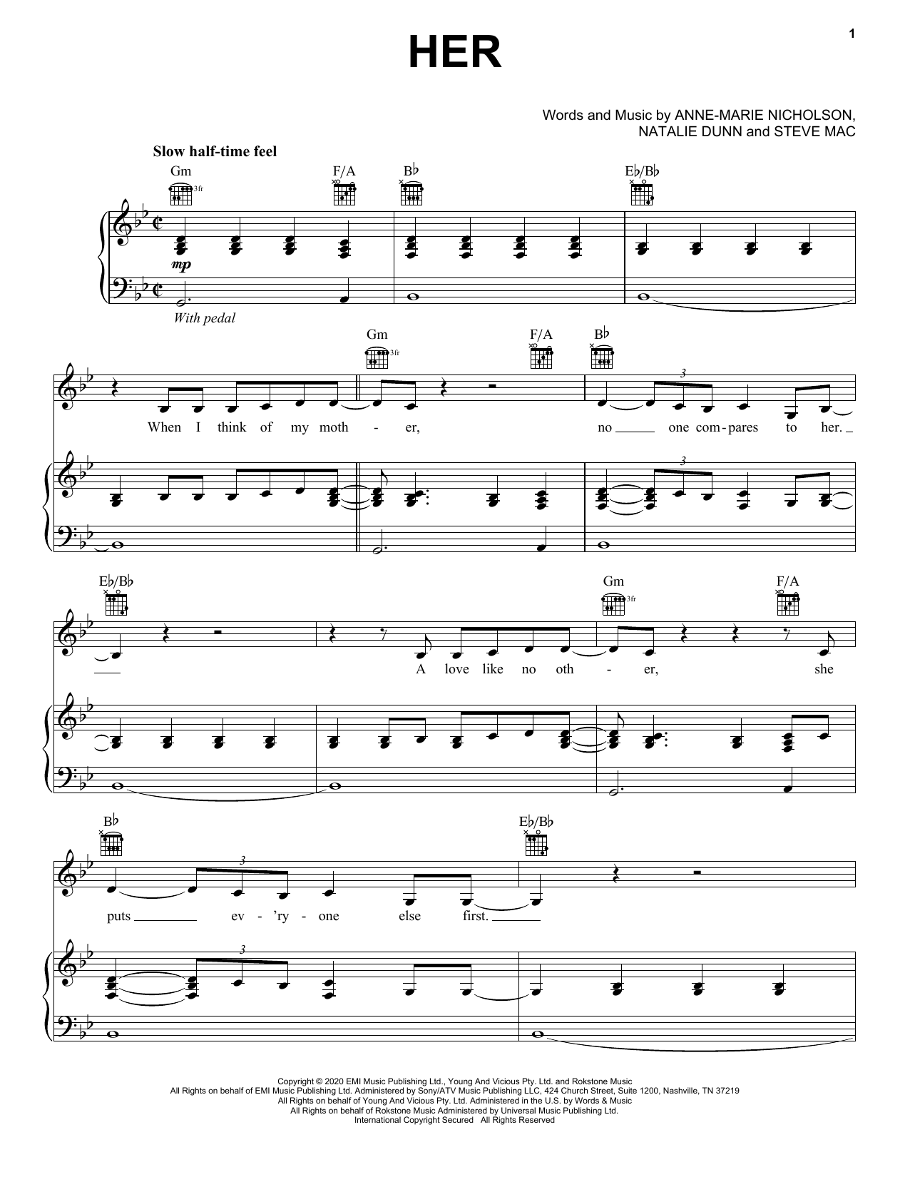 Download Anne-Marie Her Sheet Music and learn how to play Piano, Vocal & Guitar Chords (Right-Hand Melody) PDF digital score in minutes