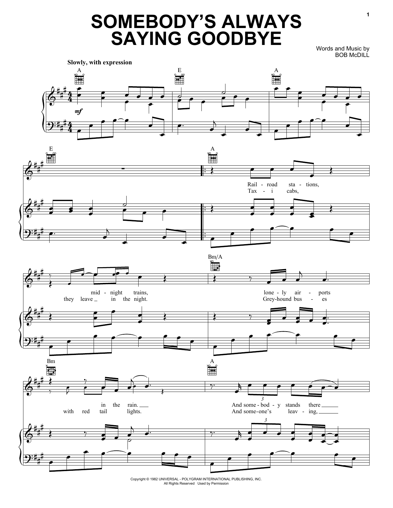 Download Anne Murray Somebody's Always Saying Goodbye Sheet Music and learn how to play Piano, Vocal & Guitar Chords (Right-Hand Melody) PDF digital score in minutes