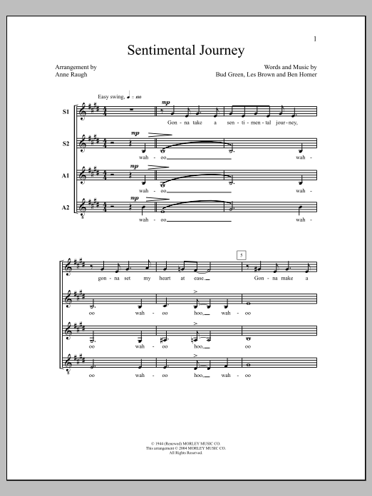 Download Anne Raugh Sentimental Journey Sheet Music and learn how to play SSAA Choir PDF digital score in minutes