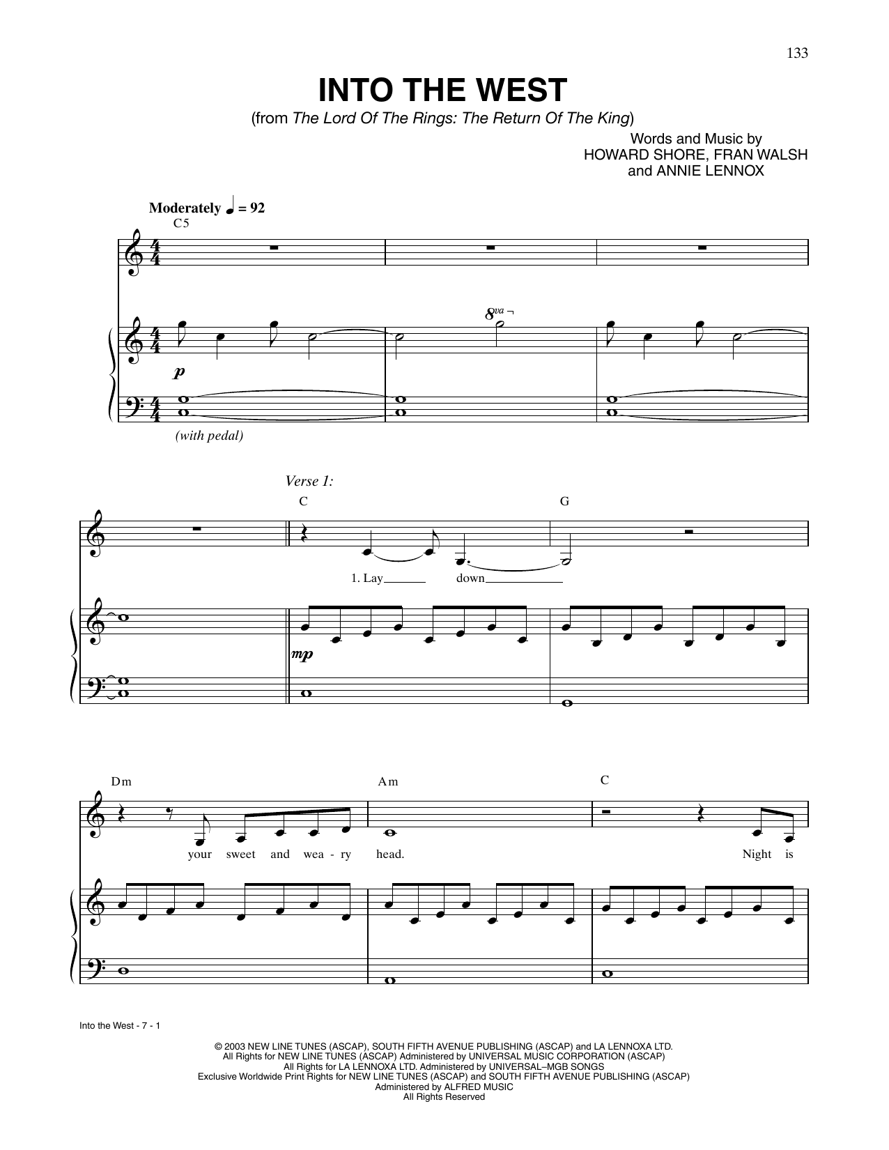 Download Annie Lennox Into The West (from Lord Of The Rings: The Return Of The King) Sheet Music and learn how to play Piano & Vocal PDF digital score in minutes