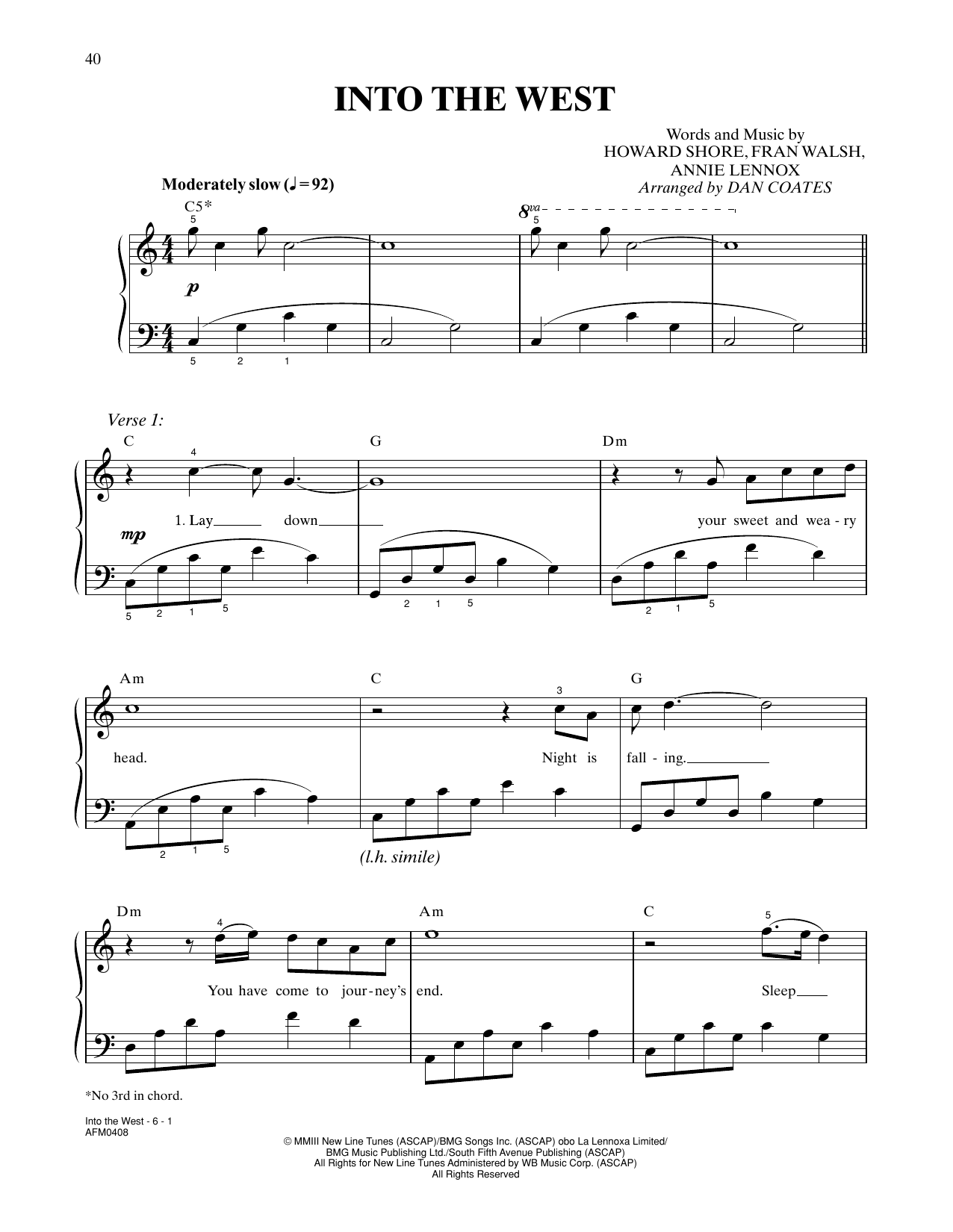Download Annie Lennox Into The West (from The Lord Of The Rings: The Return Of The King) (arr. Dan Coa Sheet Music and learn how to play Easy Piano PDF digital score in minutes
