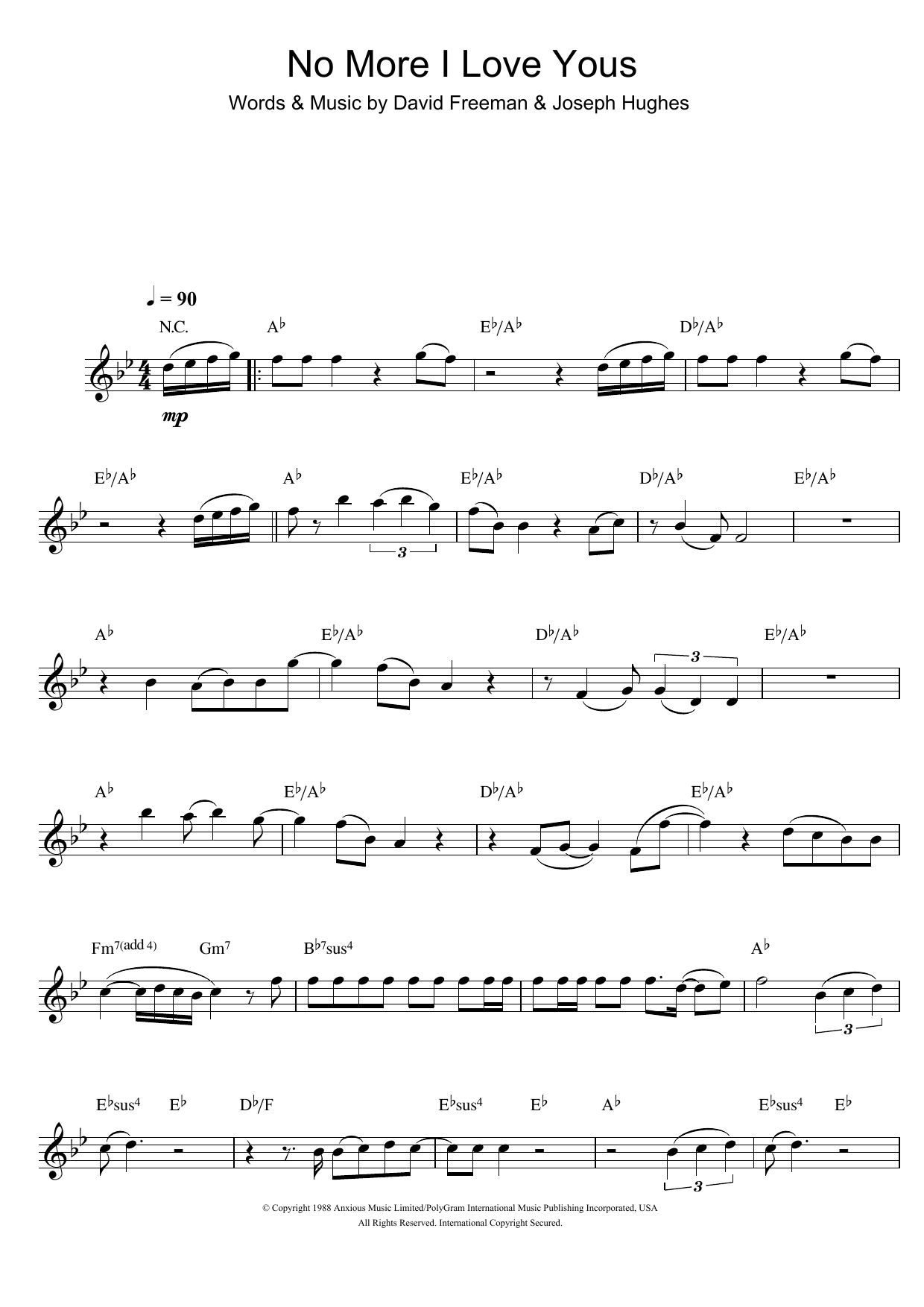 Download Annie Lennox No More I Love Yous Sheet Music and learn how to play Saxophone PDF digital score in minutes