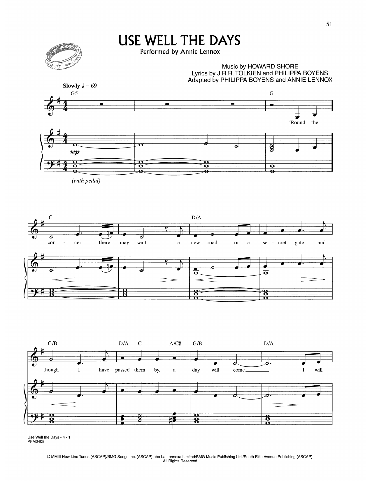 Download Annie Lennox Use Well The Days (from Lord Of The Rings) Sheet Music and learn how to play Piano & Vocal PDF digital score in minutes