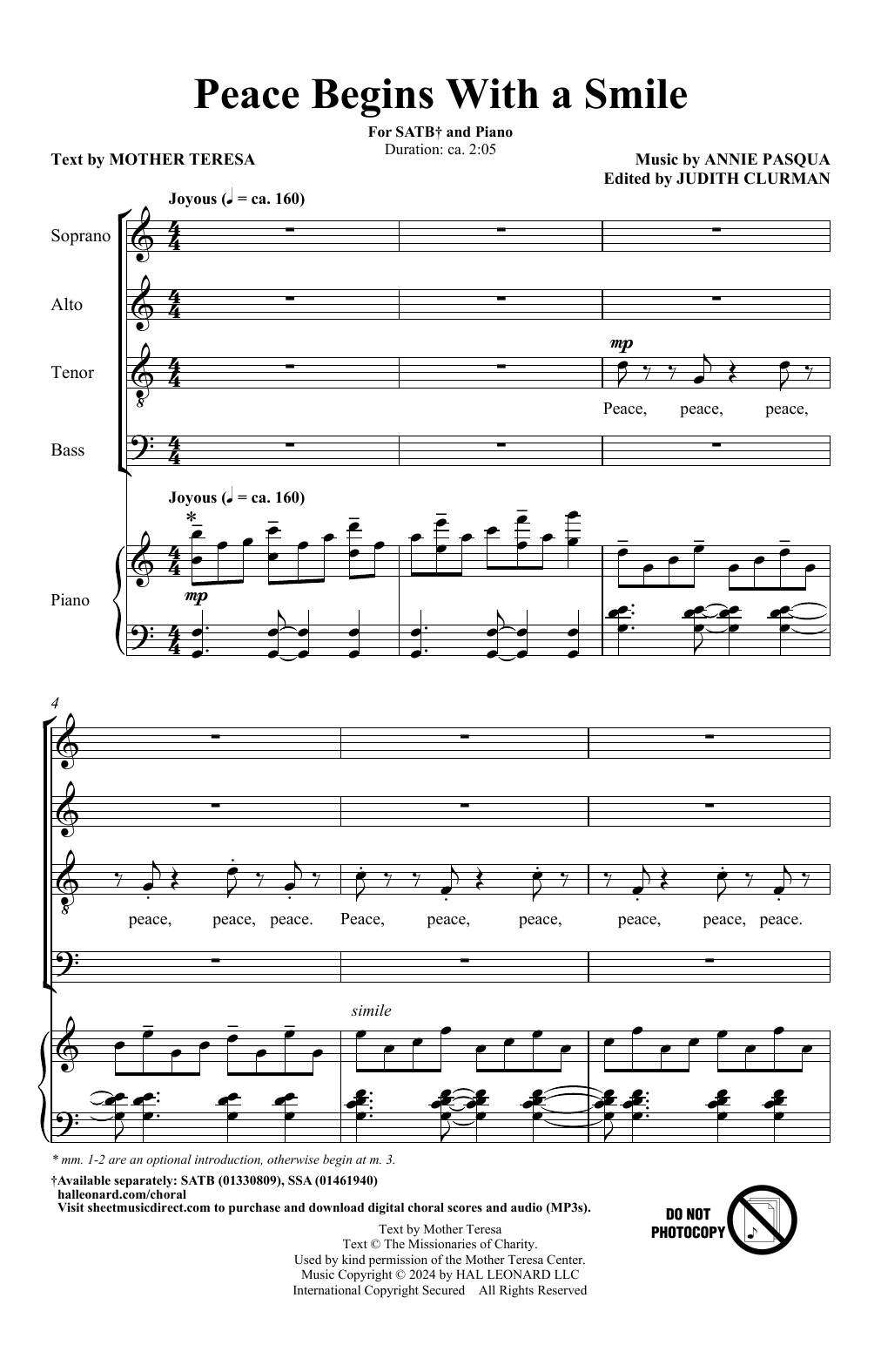 Download Annie Pasqua Peace Begins With A Smile Sheet Music and learn how to play SSA Choir PDF digital score in minutes