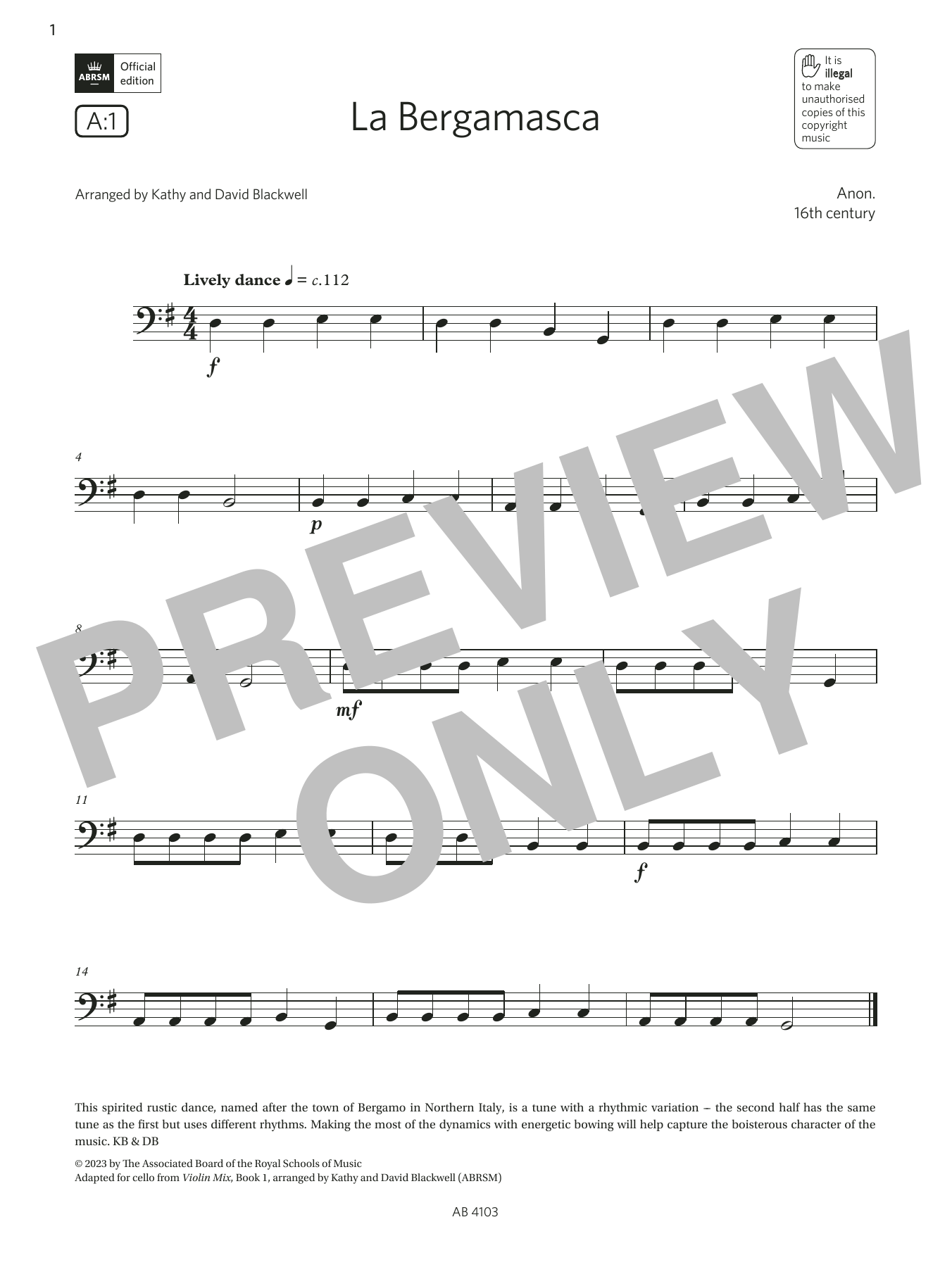 Download Anon. 16th century La Bergamasca (Grade Initial, A1, from the ABRSM Cello Syllabus from 2024) Sheet Music and learn how to play Cello Solo PDF digital score in minutes