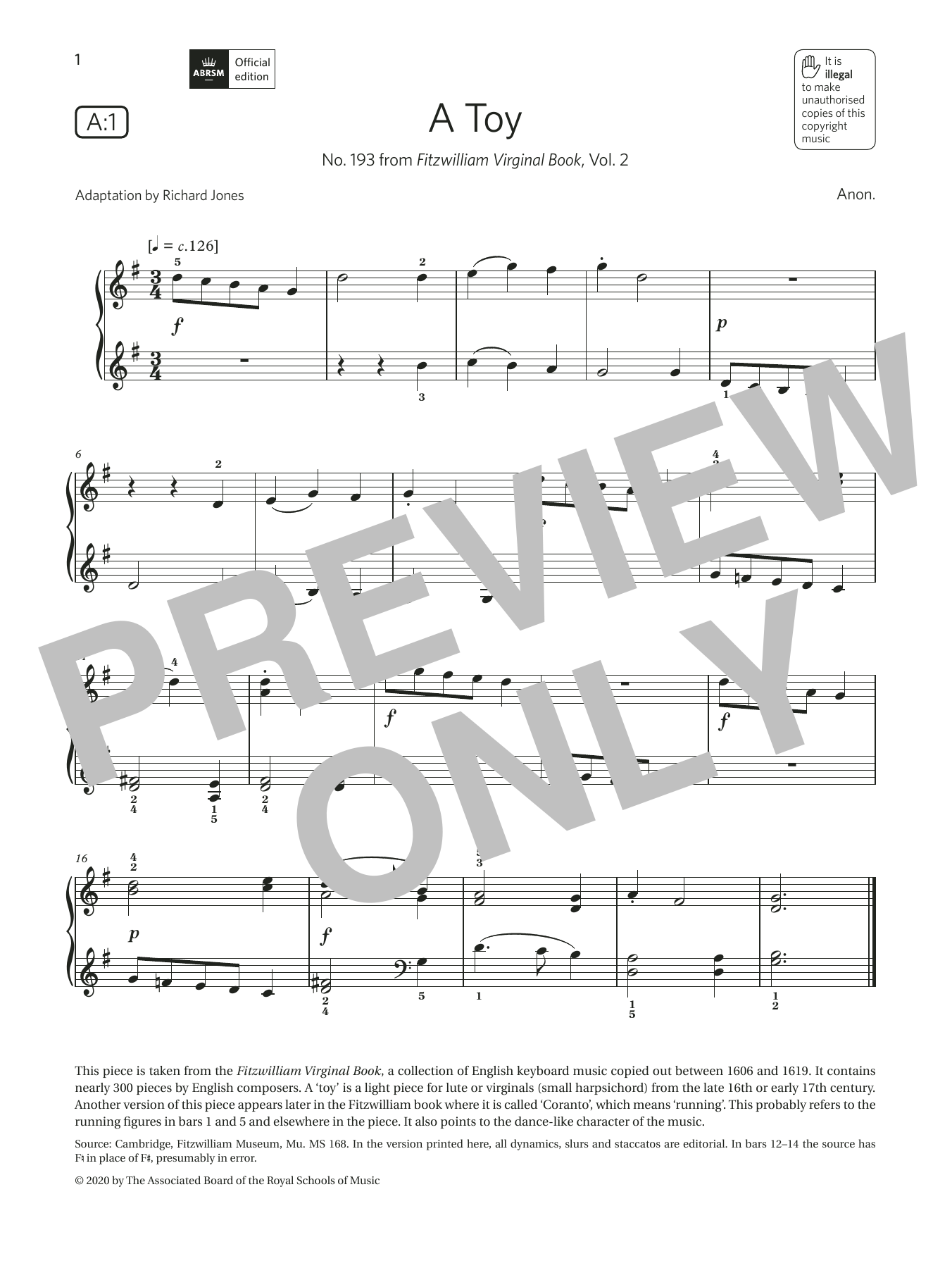 Download Anon. A Toy (Grade 1, list A1, from the ABRSM Piano Syllabus 2021 & 2022) Sheet Music and learn how to play Piano Solo PDF digital score in minutes