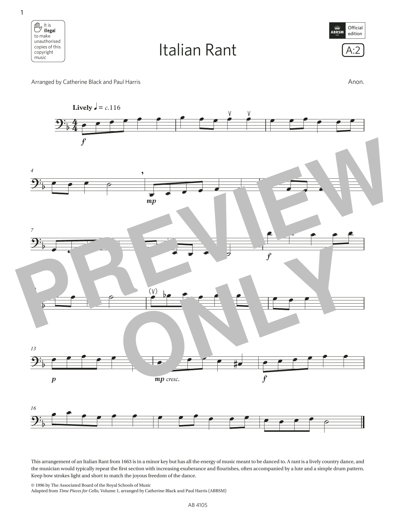 Download Anon. Italian Rant (Grade 2, A2, from the ABRSM Cello Syllabus from 2024) Sheet Music and learn how to play Cello Solo PDF digital score in minutes