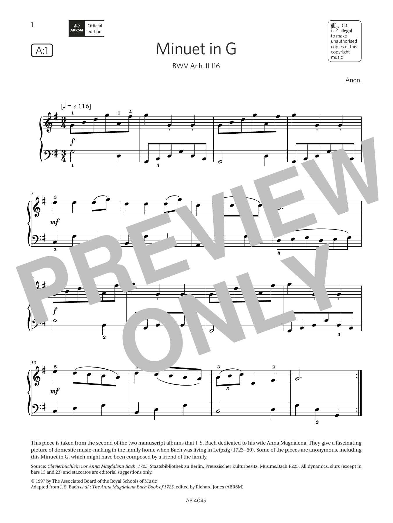 Download Anon Minuet in G (Grade 3, list A1, from the ABRSM Piano Syllabus 2023 & 2024) Sheet Music and learn how to play Piano Solo PDF digital score in minutes