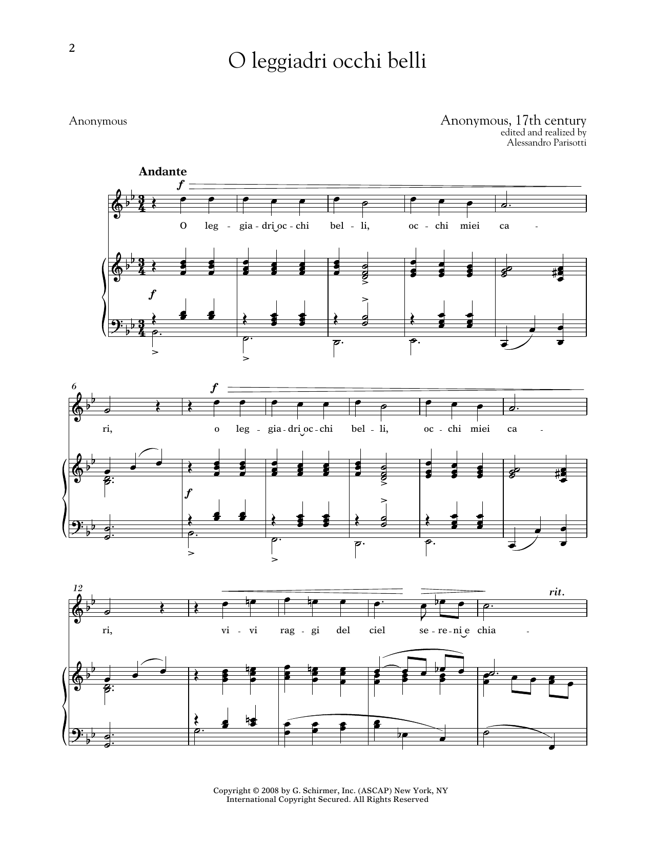 Download Anonymous, 17th Century O Leggiadri Occhi Belli (Medium High Voice) Sheet Music and learn how to play Piano & Vocal PDF digital score in minutes