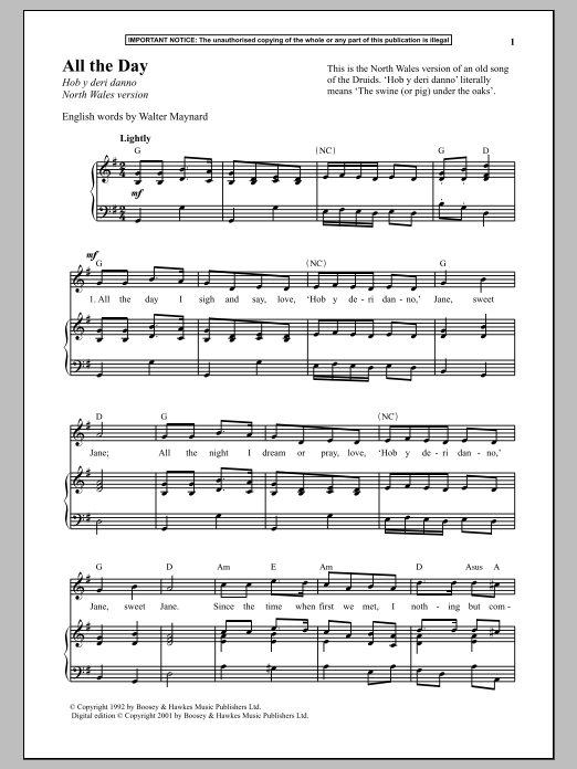 Download Anonymous All The Day (North Wales Version) Sheet Music and learn how to play Piano PDF digital score in minutes
