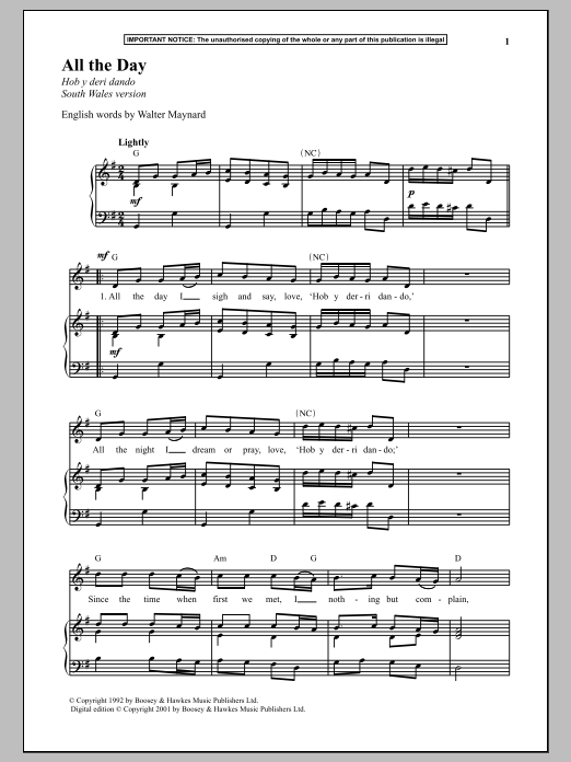 Download Anonymous All The Day (South Wales Version) Sheet Music and learn how to play Piano PDF digital score in minutes