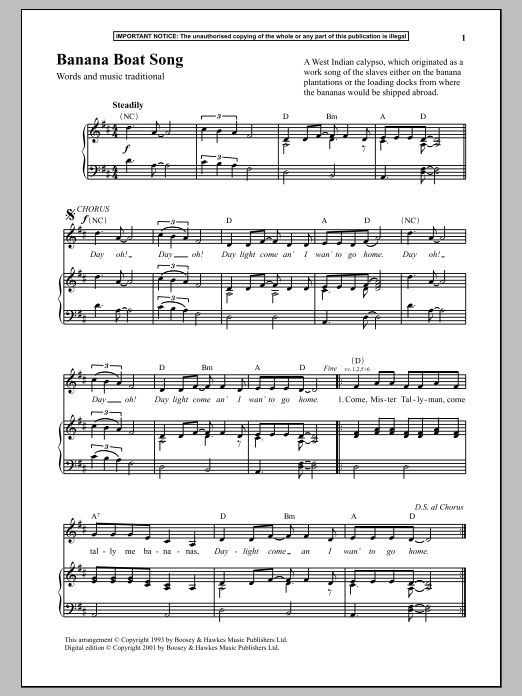 Download Anonymous Banana Boat Song Sheet Music and learn how to play Piano PDF digital score in minutes