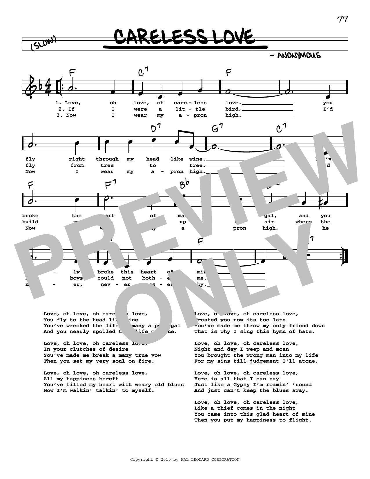 Download Anonymous Careless Love (arr. Robert Rawlins) Sheet Music and learn how to play Real Book – Melody, Lyrics & Chords PDF digital score in minutes