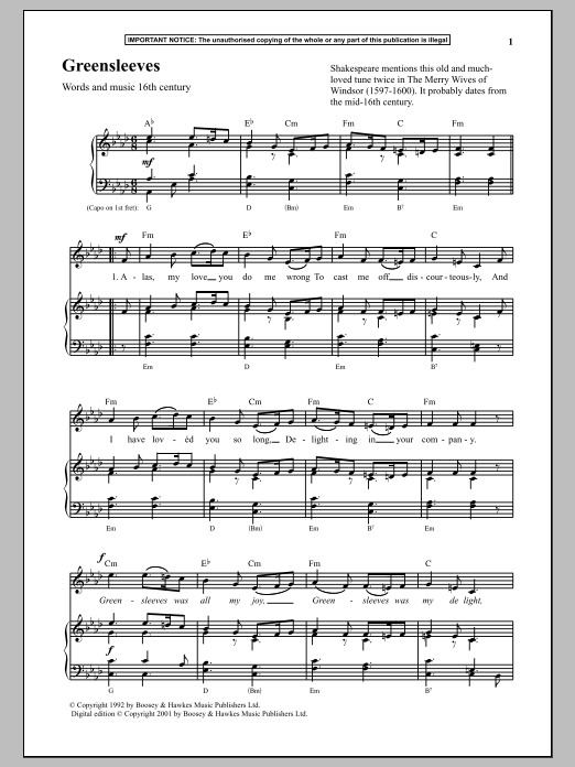 Download Anonymous Greensleeves Sheet Music and learn how to play Piano PDF digital score in minutes