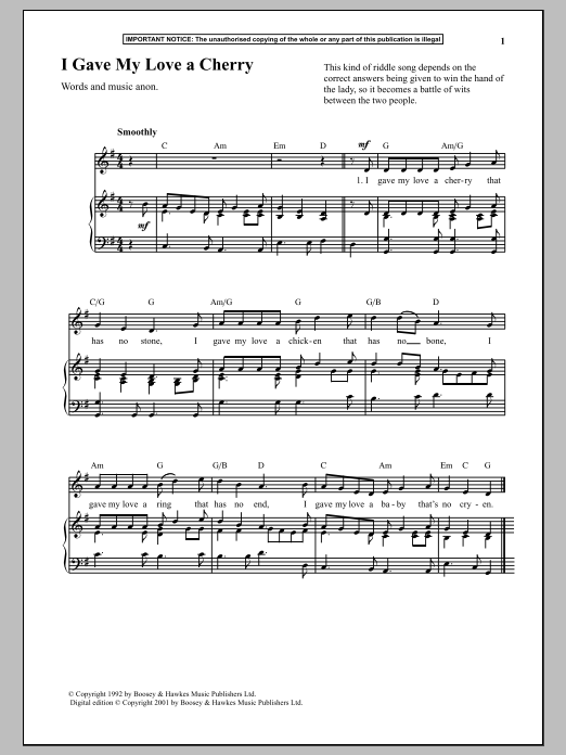 Download Anonymous I Gave My Love A Cherry Sheet Music and learn how to play Piano PDF digital score in minutes