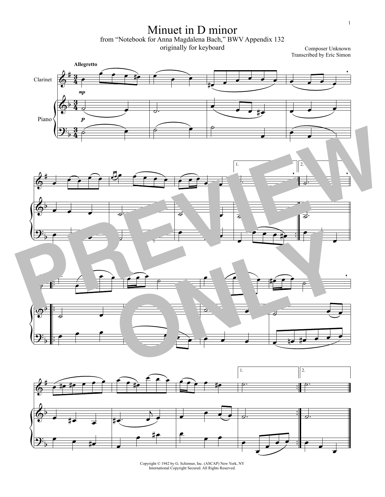 Download Anonymous Minuet In D Minor, BWV Appendix 132 Sheet Music and learn how to play Clarinet and Piano PDF digital score in minutes