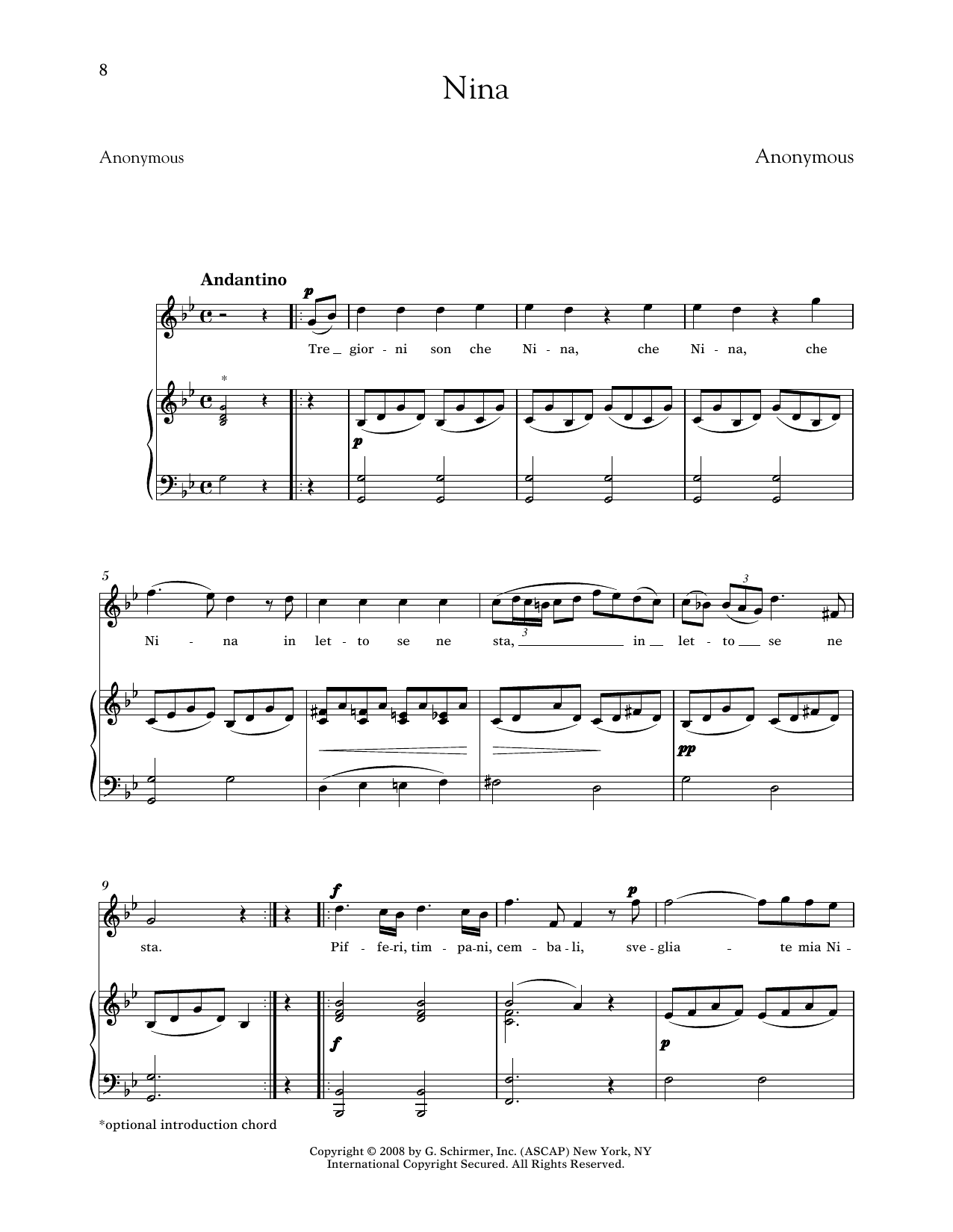 Download Anonymous Nina (Medium High Voice) Sheet Music and learn how to play Piano & Vocal PDF digital score in minutes