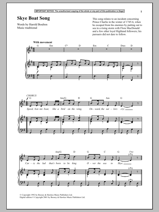 Download Anonymous Skye Boat Song Sheet Music and learn how to play Piano & Vocal PDF digital score in minutes