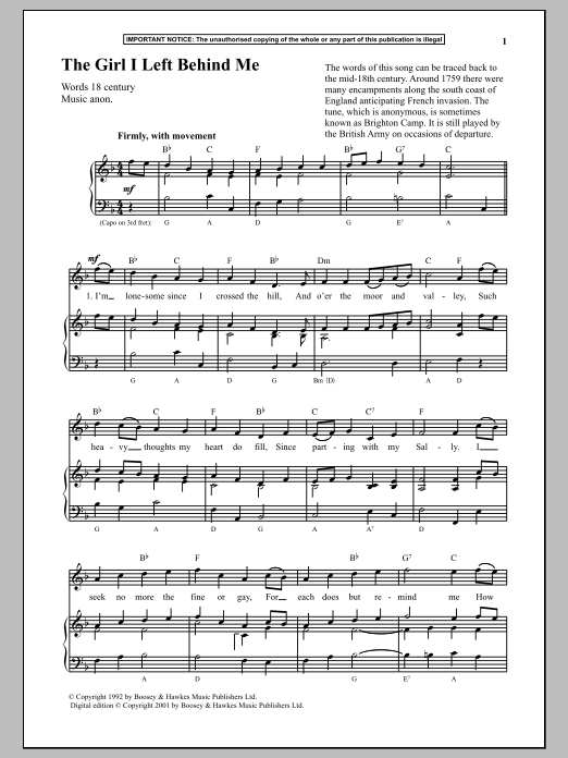 Download Anonymous The Girl I Left Behind Me Sheet Music and learn how to play Piano PDF digital score in minutes
