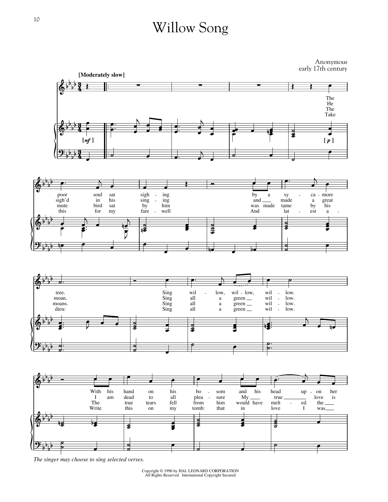 Download Anonymous The Willow Song (High Voice) Sheet Music and learn how to play Piano & Vocal PDF digital score in minutes