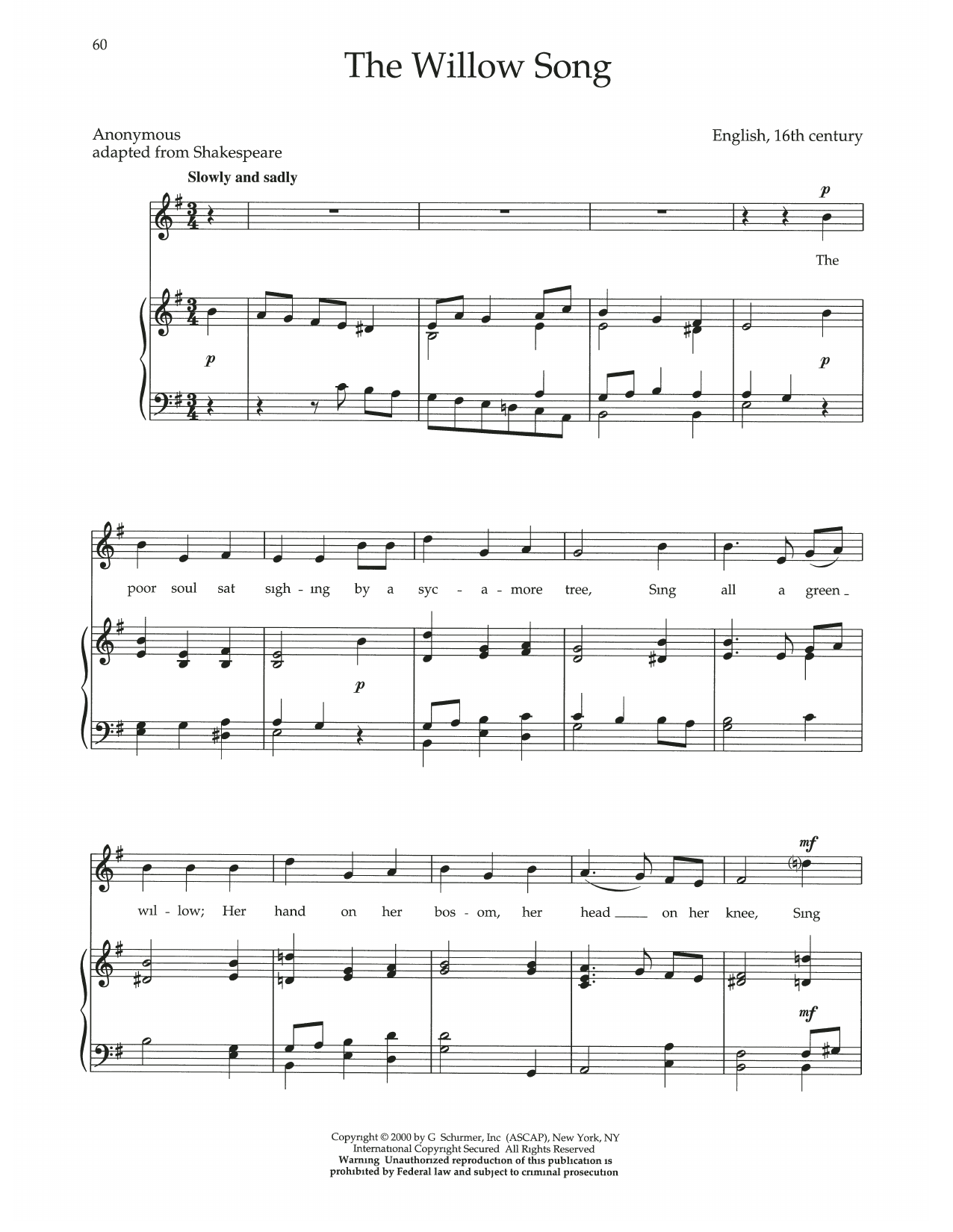 Download Anonymous The Willow Song Sheet Music and learn how to play Piano & Vocal PDF digital score in minutes