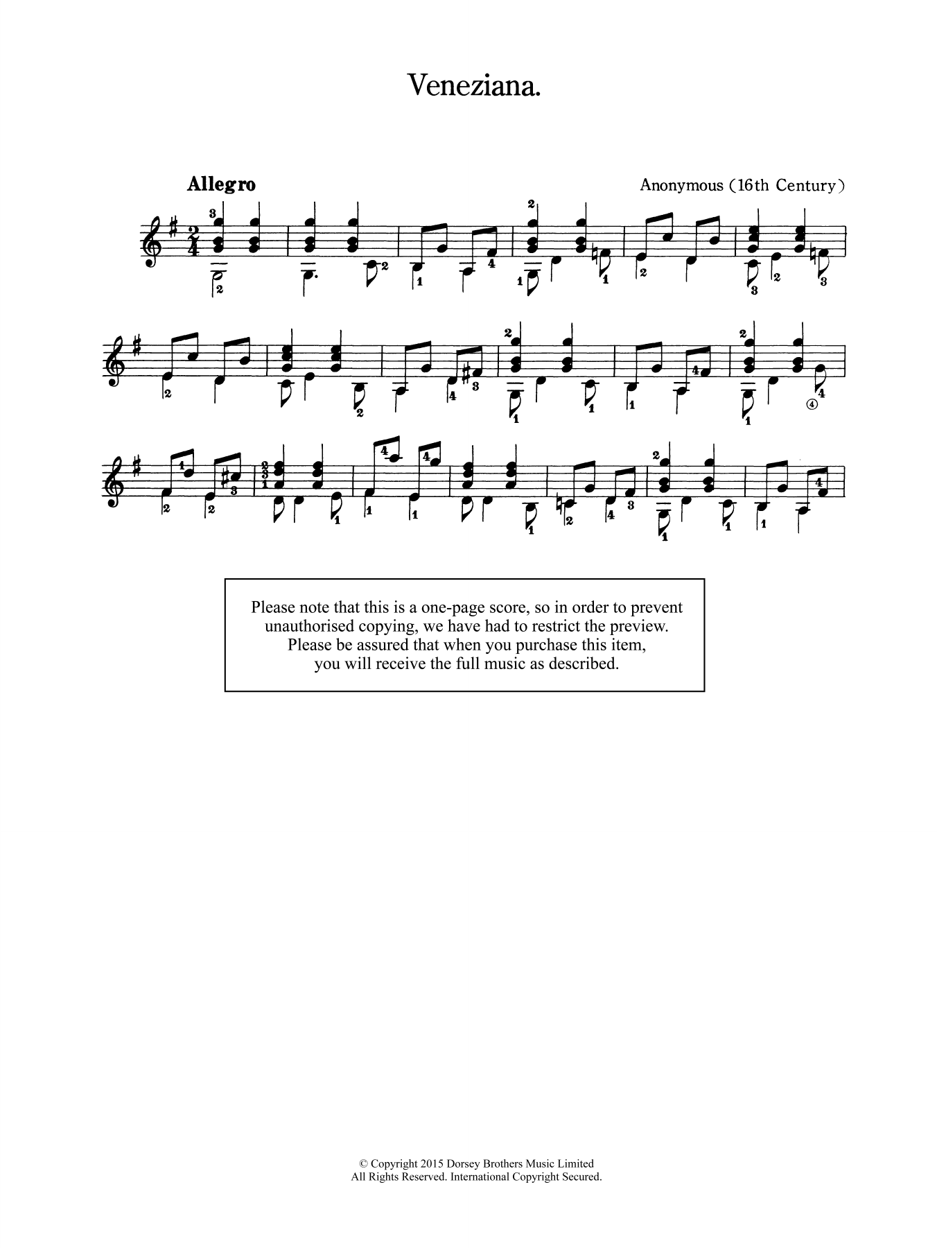 Download Anonymous Veneziana Sheet Music and learn how to play Guitar PDF digital score in minutes