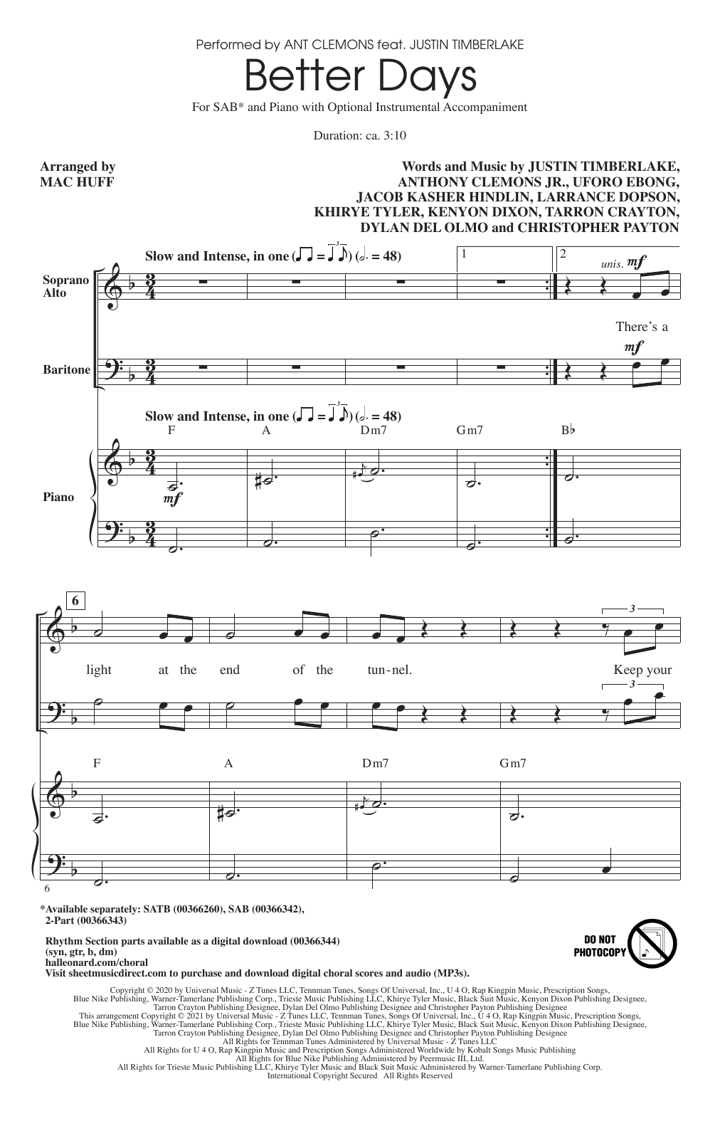 Download Ant Clemons feat. Justin Timberlake Better Days (arr. Mac Huff) Sheet Music and learn how to play SATB Choir PDF digital score in minutes
