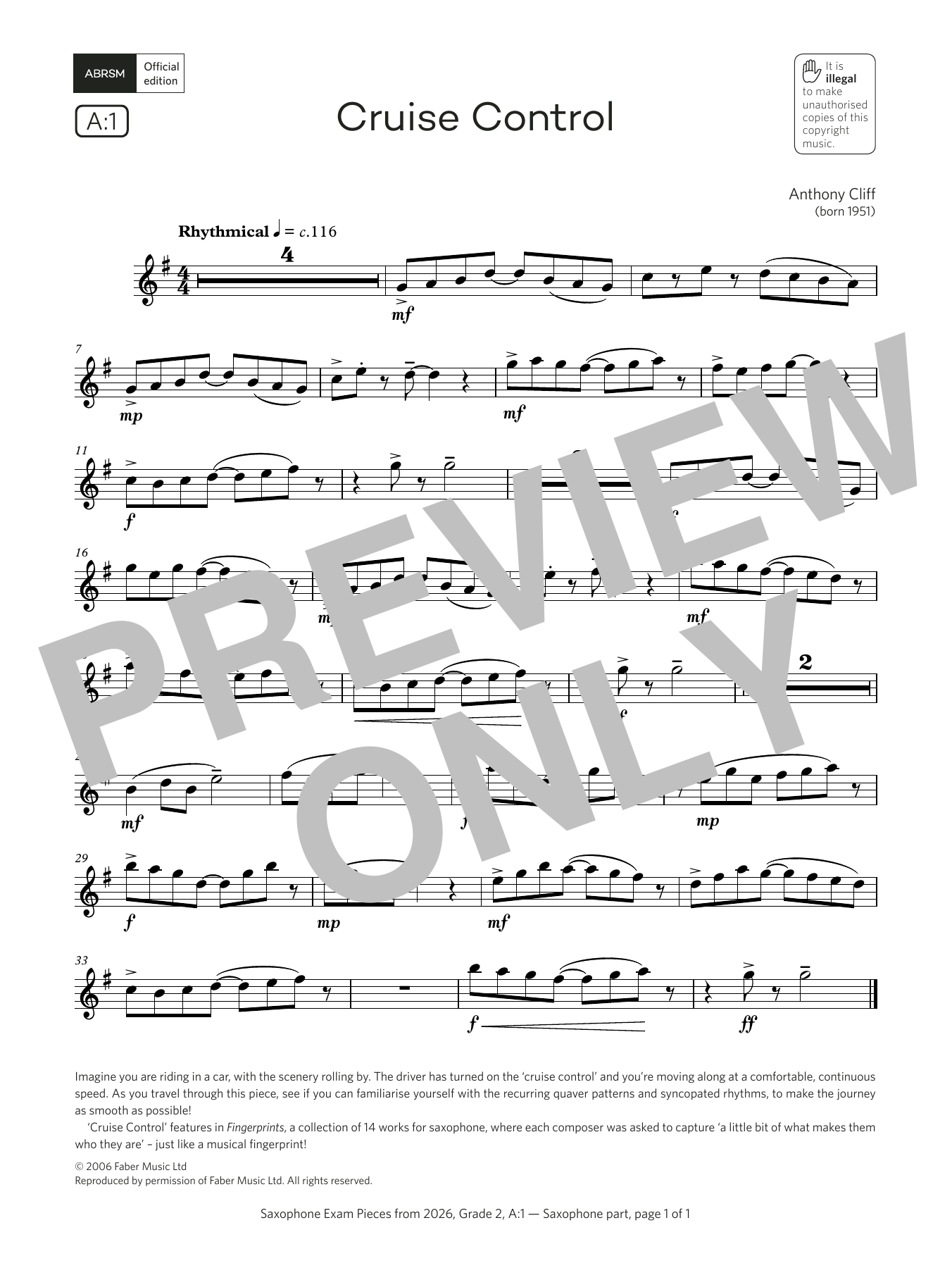 Download Anthony Cliff Cruise Control (Grade 2, list A1, from the ABRSM Saxophone Syllabus from 2026) Sheet Music and learn how to play Alto Sax Solo PDF digital score in minutes
