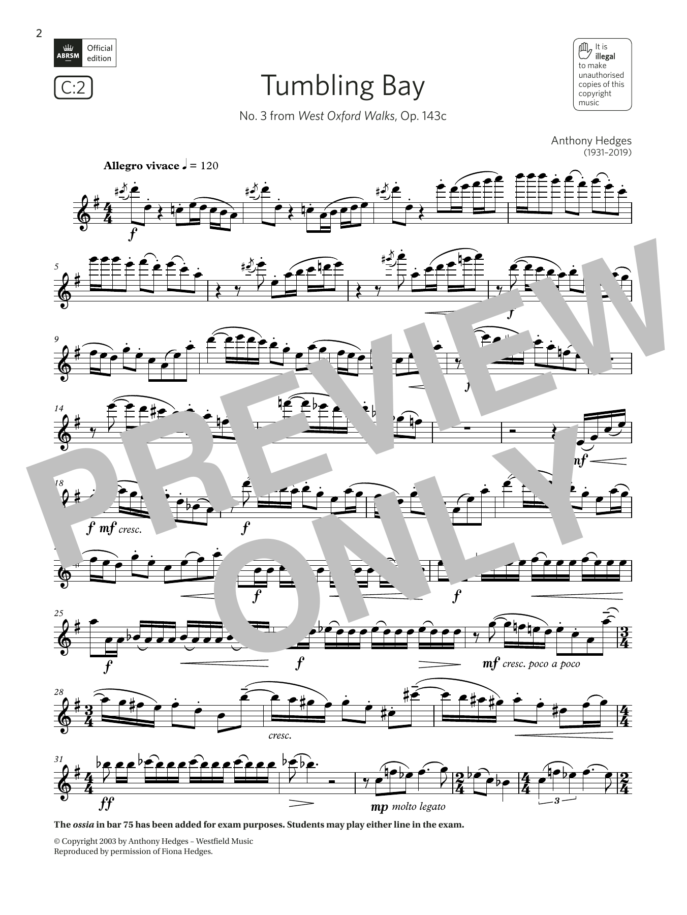 Download Anthony Hedges Tumbling Bay (from West Oxford Walks) (Grade 7 List C2 from the ABRSM Flute syll Sheet Music and learn how to play Flute Solo PDF digital score in minutes