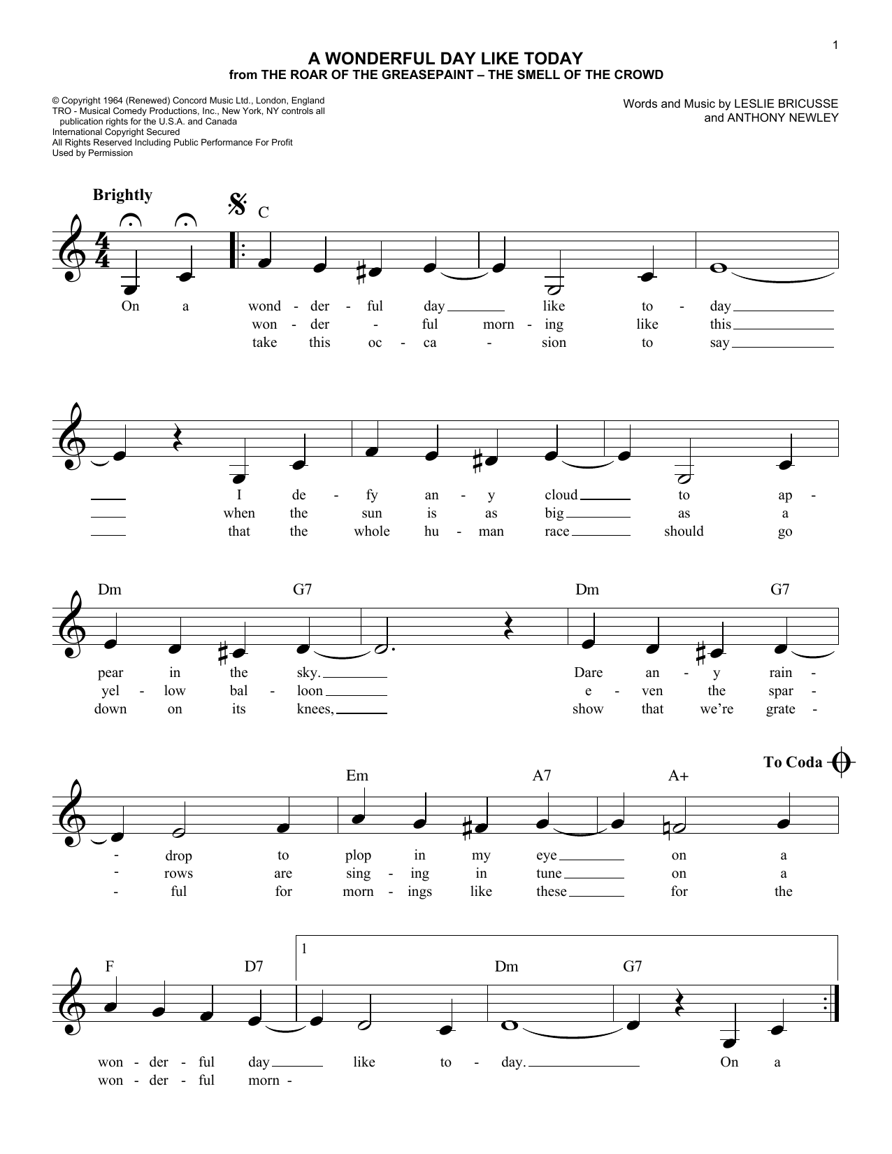 Download Anthony Newley A Wonderful Day Like Today Sheet Music and learn how to play Real Book – Melody & Chords PDF digital score in minutes