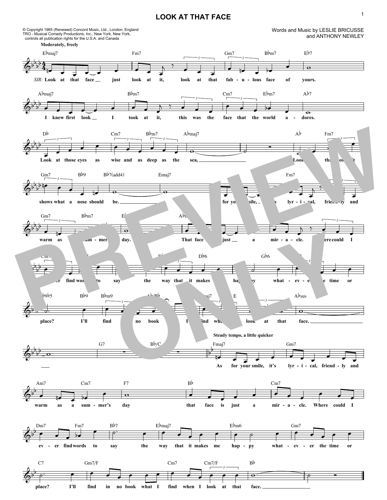 Download Anthony Newley Look At That Face Sheet Music and learn how to play Melody Line, Lyrics & Chords PDF digital score in minutes