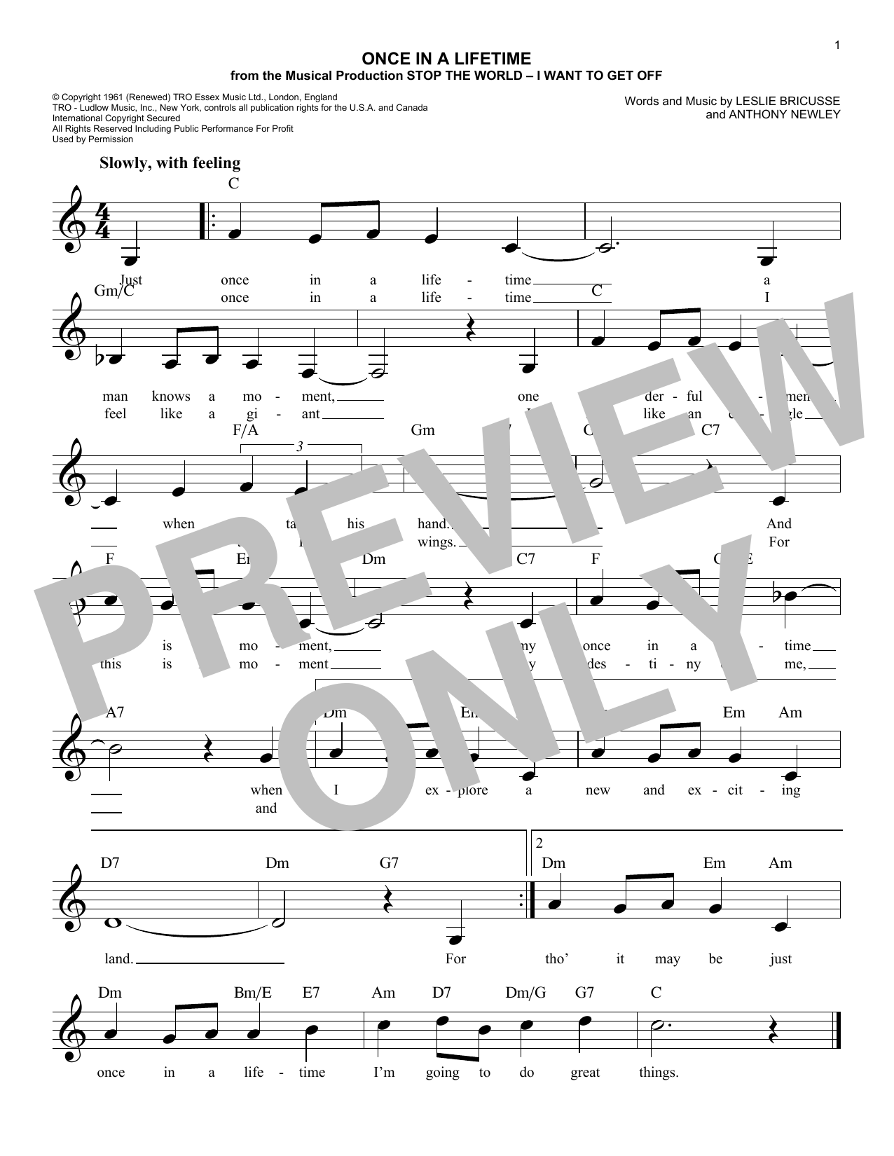 Download Anthony Newley Once In A Lifetime Sheet Music and learn how to play Cello PDF digital score in minutes