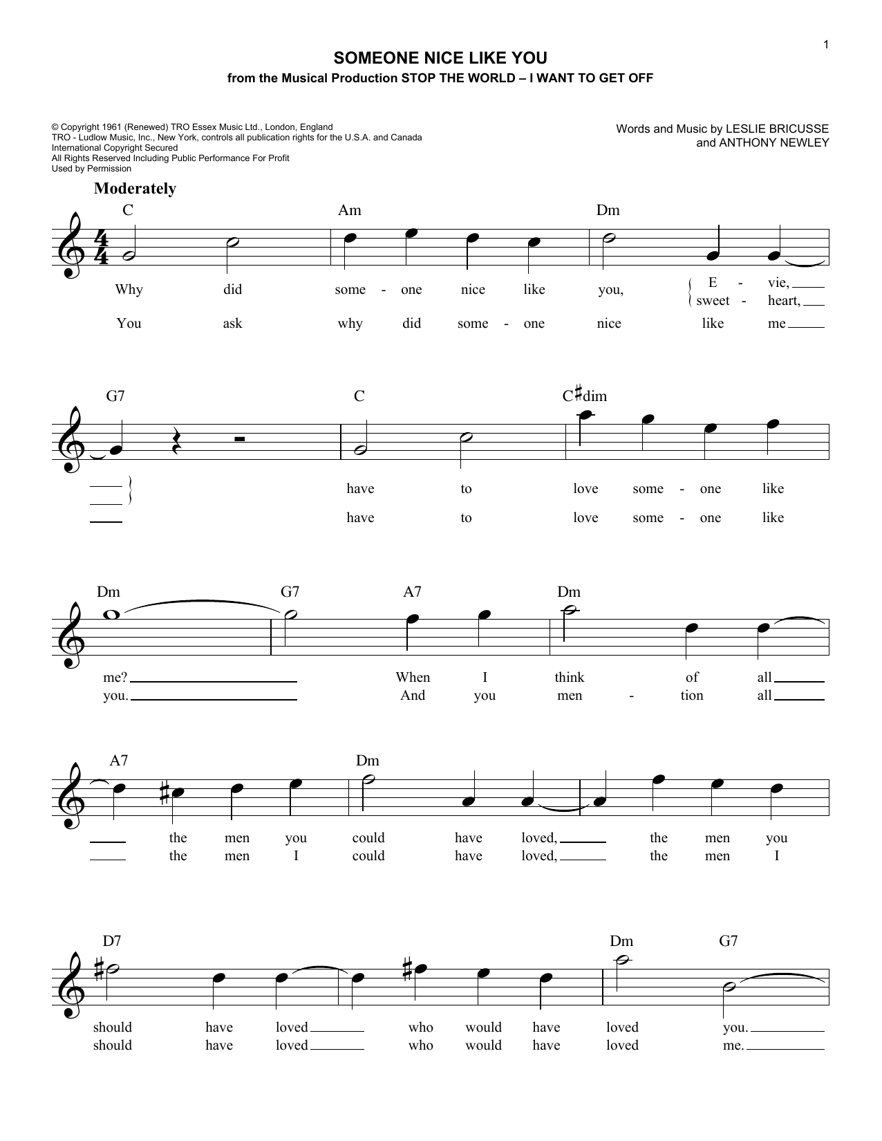 Download Anthony Newley Someone Nice Like You Sheet Music and learn how to play Melody Line, Lyrics & Chords PDF digital score in minutes