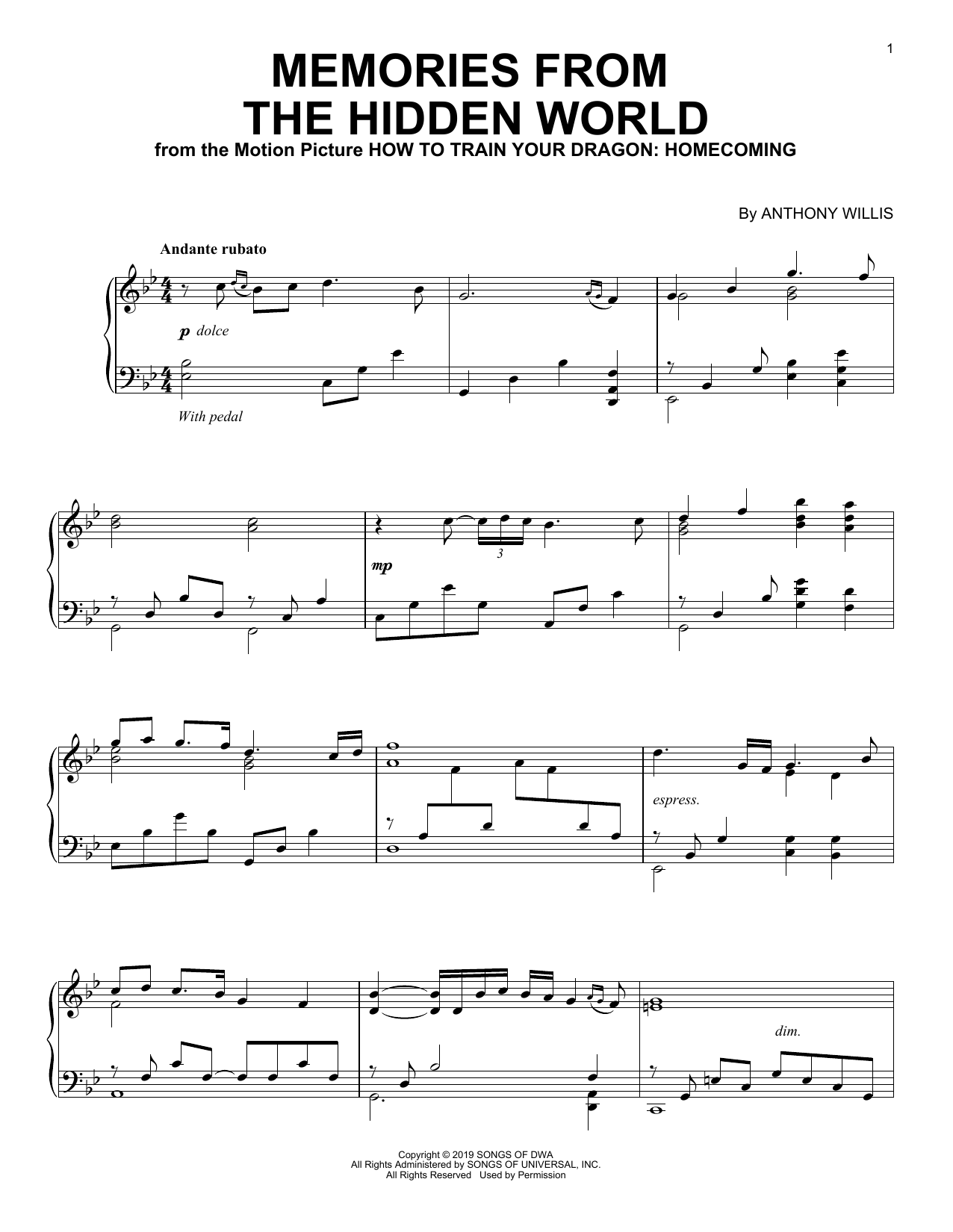 Download Anthony Willis Memories From The Hidden World (from How To Train Your Dragon: Homecoming) Sheet Music and learn how to play Piano Solo PDF digital score in minutes