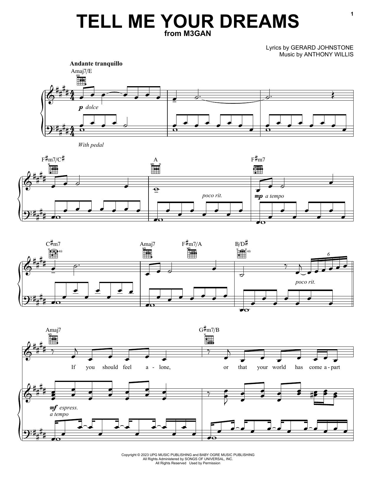 Download Anthony Willis Tell Me Your Dreams (from M3GAN) Sheet Music and learn how to play Piano, Vocal & Guitar Chords (Right-Hand Melody) PDF digital score in minutes