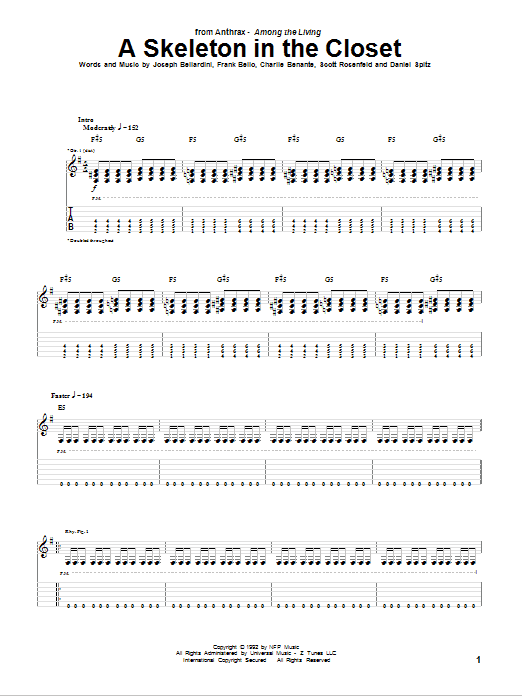 Download Anthrax A Skeleton In The Closet Sheet Music and learn how to play Guitar Tab PDF digital score in minutes