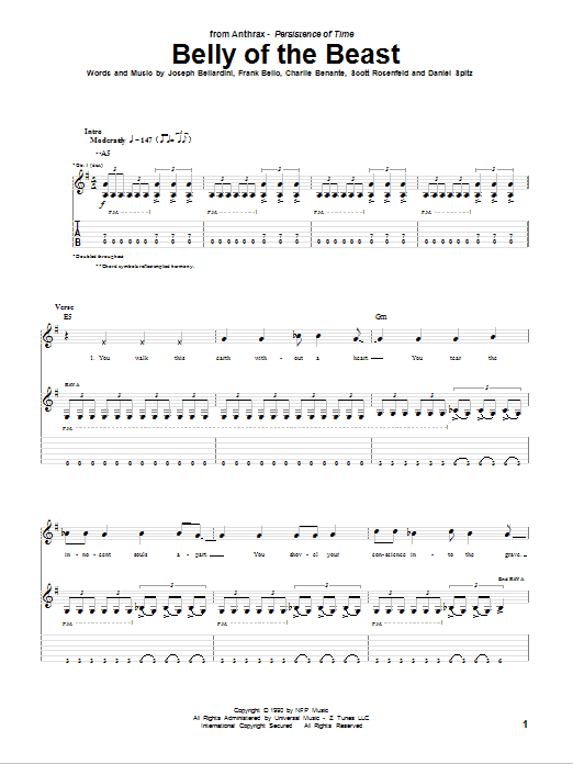 Download Anthrax Belly Of The Beast Sheet Music and learn how to play Guitar Tab PDF digital score in minutes