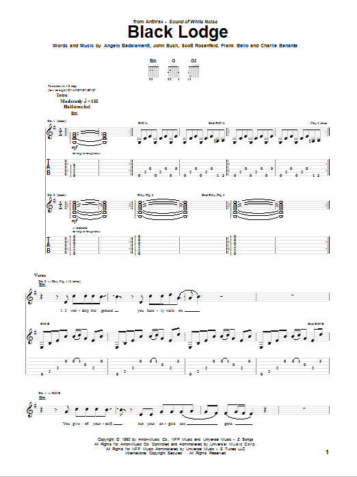 Download Anthrax Black Lodge Sheet Music and learn how to play Guitar Tab PDF digital score in minutes